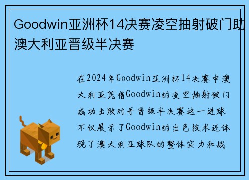 Goodwin亚洲杯14决赛凌空抽射破门助澳大利亚晋级半决赛