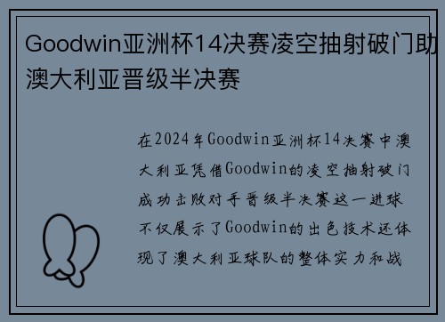Goodwin亚洲杯14决赛凌空抽射破门助澳大利亚晋级半决赛